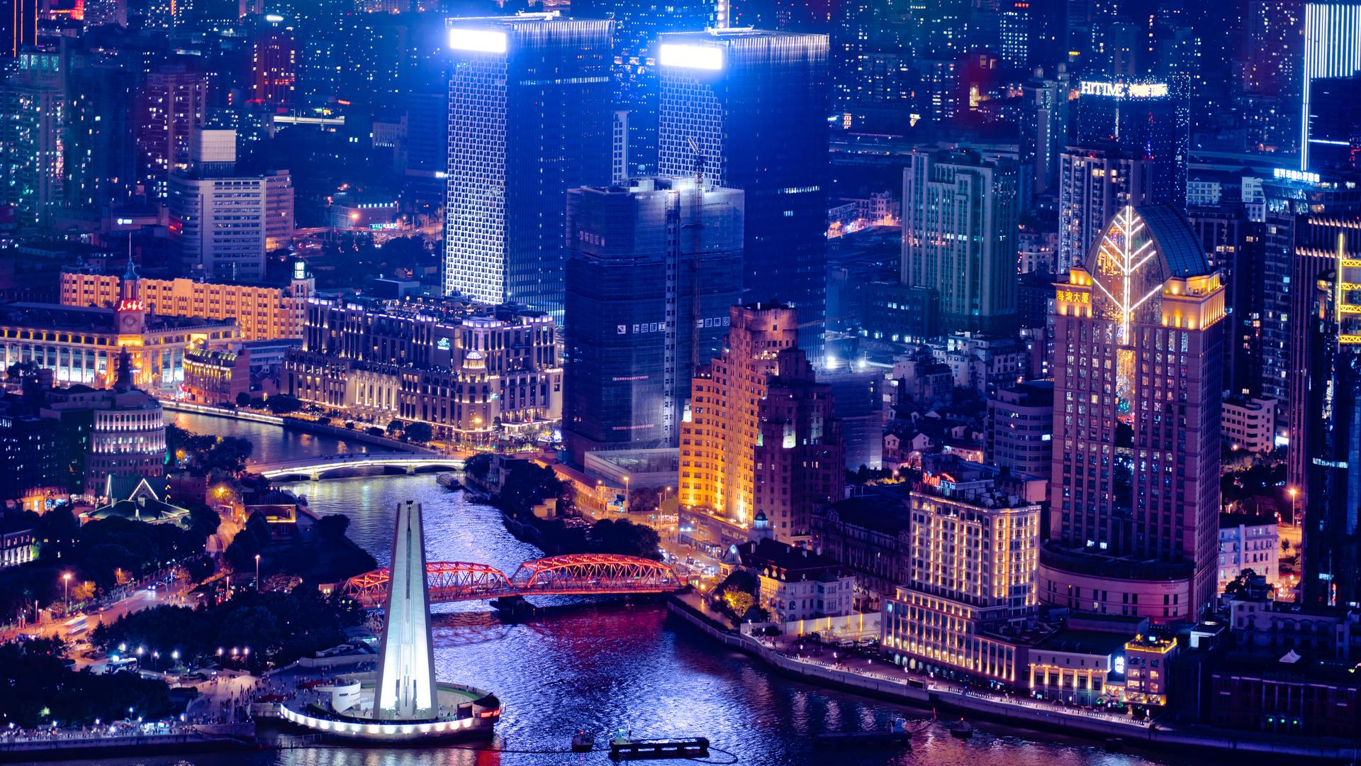 摄影,城市景观,建筑,灯,夜,水,上海,中国,城市,电脑壁纸,8K壁纸